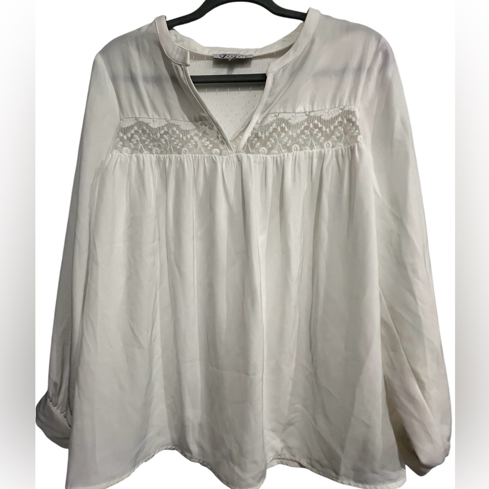 Boho Blouse White Lace Detail Romantic Top Loose Flowy Relaxed Long Sleeve Sz S